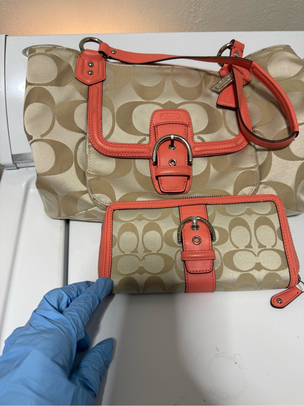 Coach Beige Signature Canvas Tote with Coral Trim and Wallet